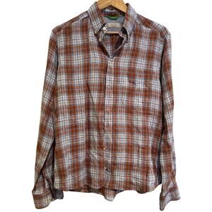 ETON Men's 100% Linen Plaid Shirt MEDIUM Blue Brown Button Down Long Sleeve